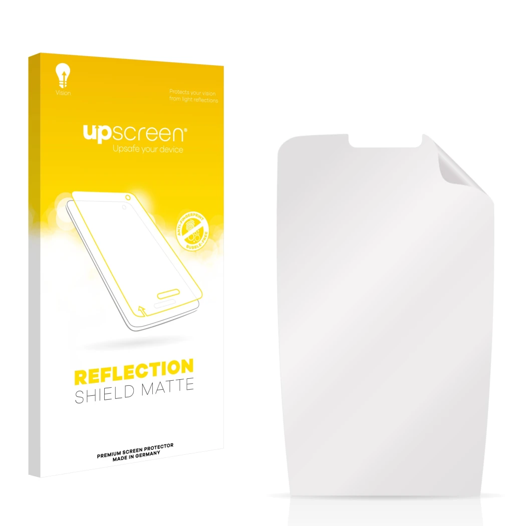 Parte frontal de un envase de producto con el logotipo de la marca upscreen. Al lado está el protector de pantalla correspondi