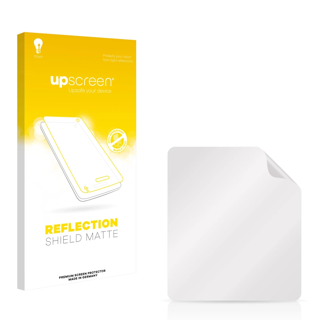 Parte frontal de un envase de producto con el logotipo de la marca upscreen. Al lado está el protector de pantalla correspondi