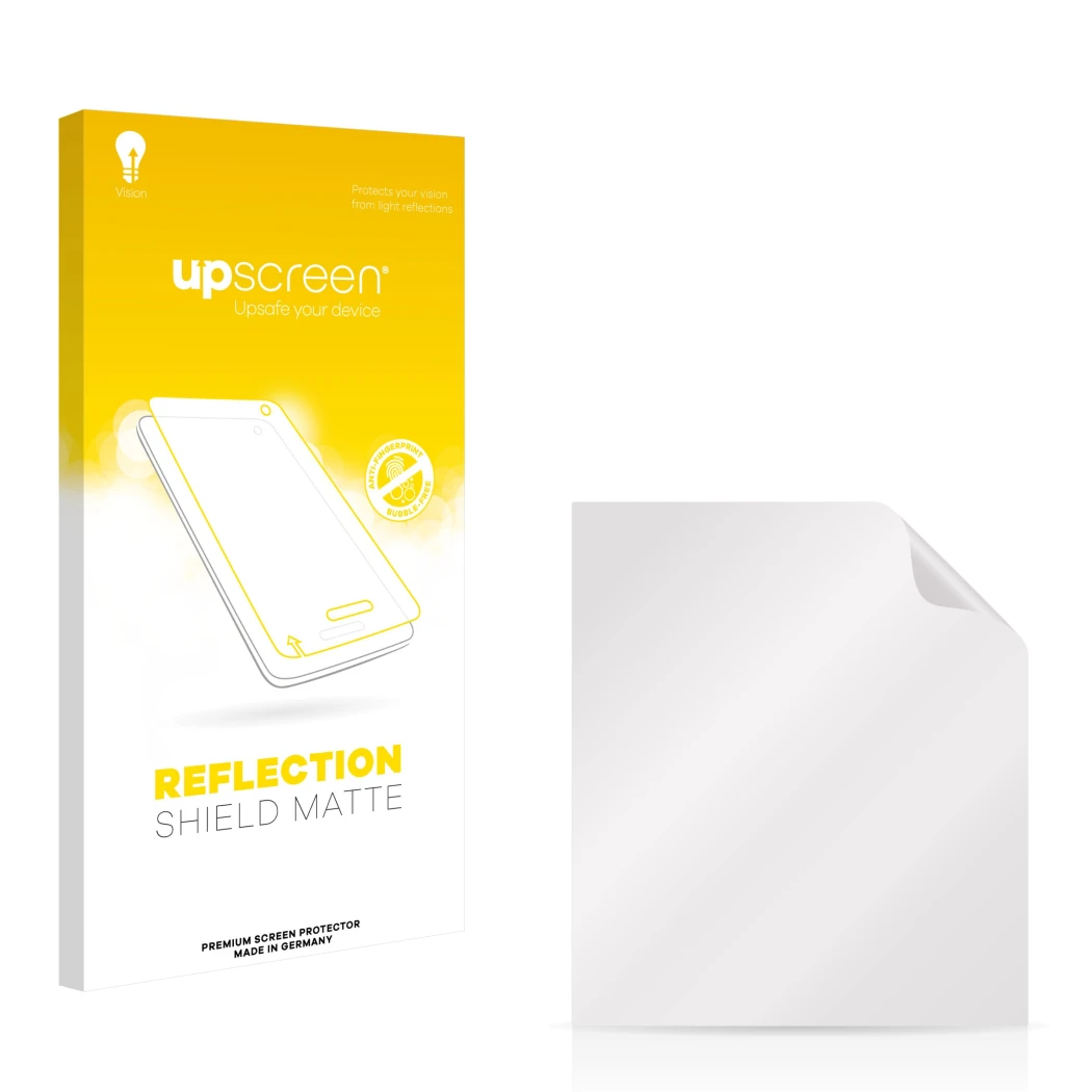 Parte frontal de un envase de producto con el logotipo de la marca upscreen. Al lado está el protector de pantalla correspondi