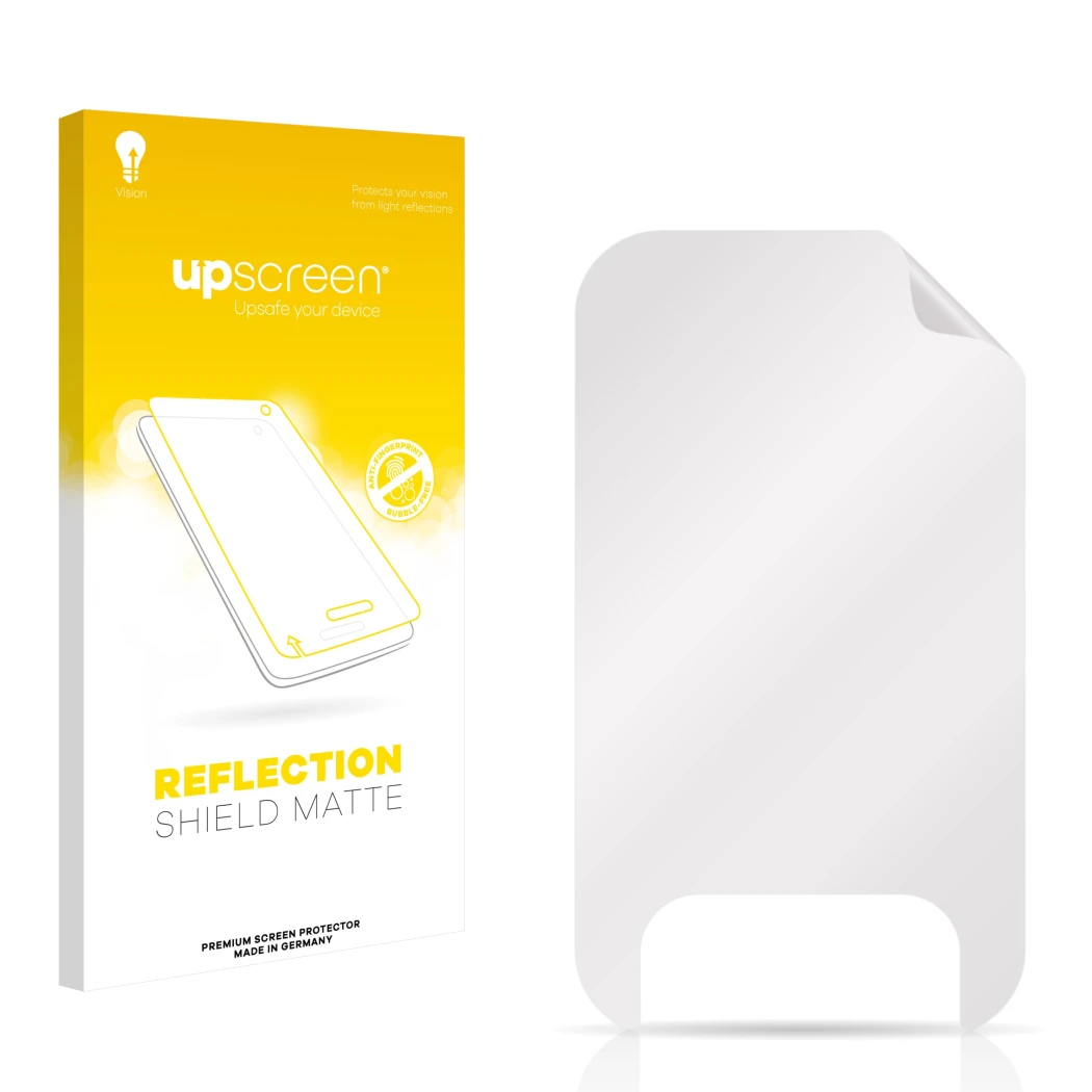 Parte frontal de un envase de producto con el logotipo de la marca upscreen. Al lado está el protector de pantalla correspondi