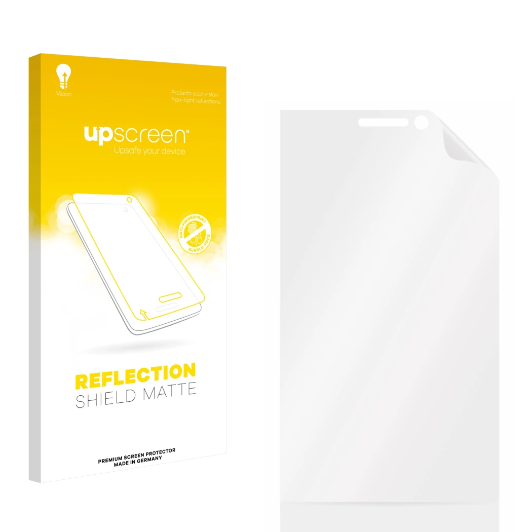Parte frontal de un envase de producto con el logotipo de la marca upscreen. Al lado está el protector de pantalla correspondi
