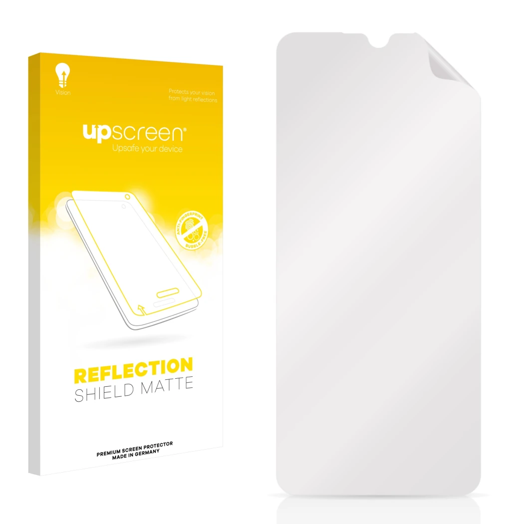 Parte frontal de un envase de producto con el logotipo de la marca upscreen. Al lado está el protector de pantalla correspondi