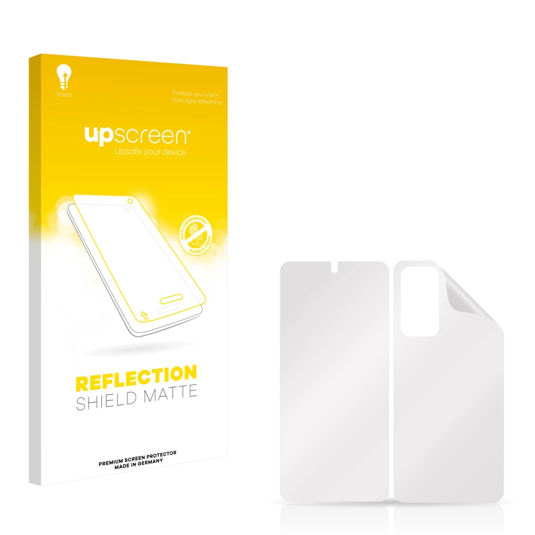 Parte frontal de un envase de producto con el logotipo de la marca upscreen. Al lado está el protector de pantalla correspondi