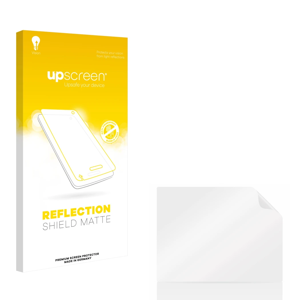 Parte frontal de un envase de producto con el logotipo de la marca upscreen. Al lado está el protector de pantalla correspondi