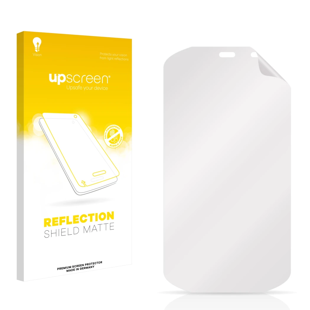 Parte frontal de un envase de producto con el logotipo de la marca upscreen. Al lado está el protector de pantalla correspondi