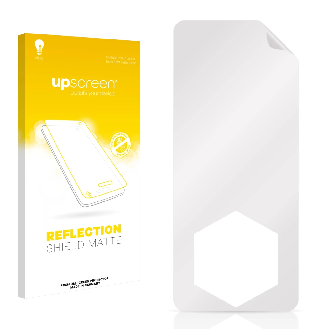 Parte frontal de un envase de producto con el logotipo de la marca upscreen. Al lado está el protector de pantalla correspondi
