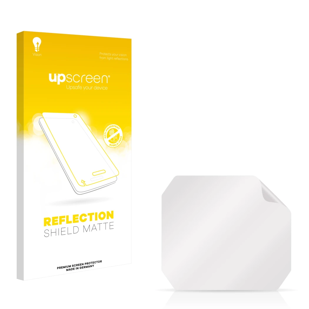 Parte frontal de un envase de producto con el logotipo de la marca upscreen. Al lado está el protector de pantalla correspondi