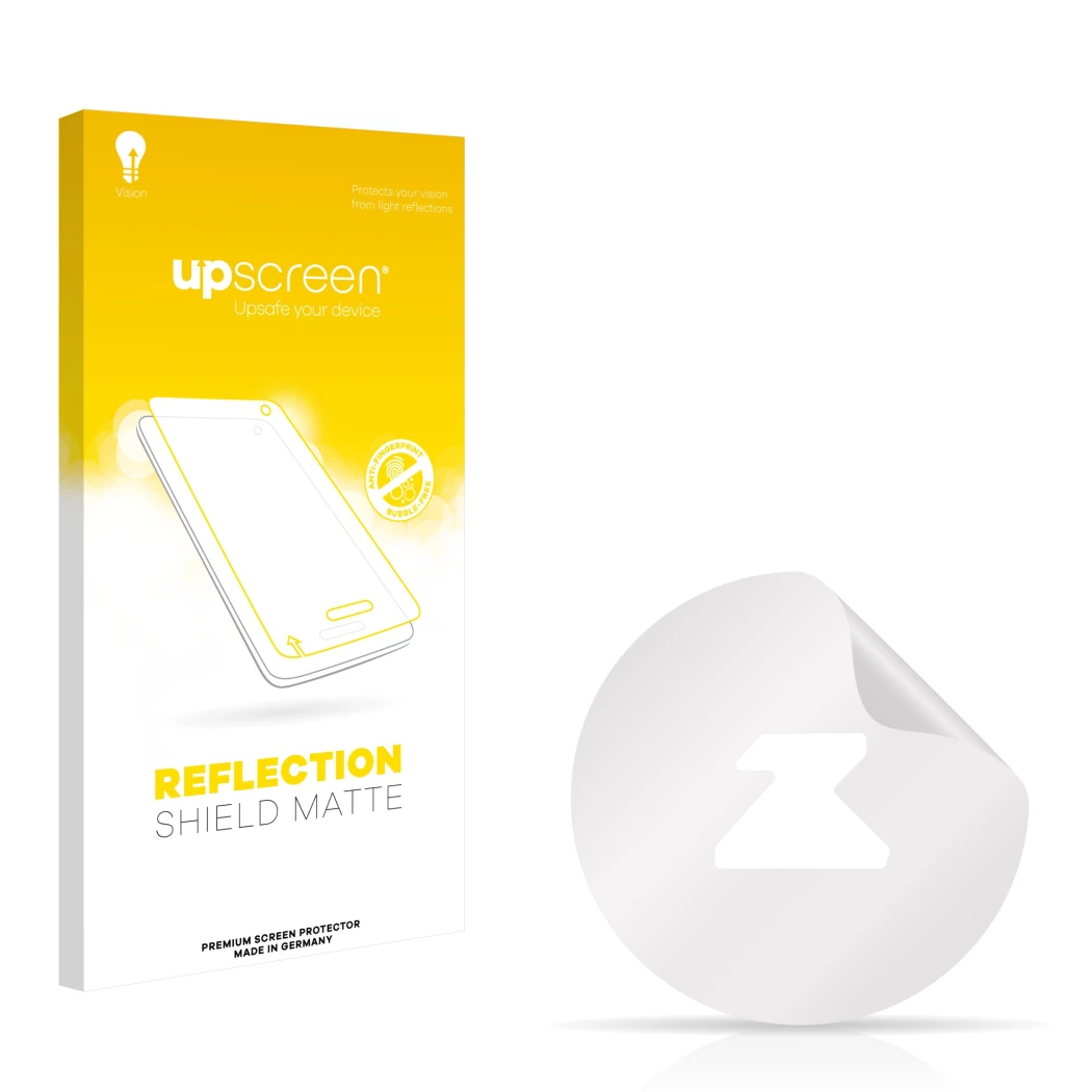 Parte frontal de un envase de producto con el logotipo de la marca upscreen. Al lado está el protector de pantalla correspondi