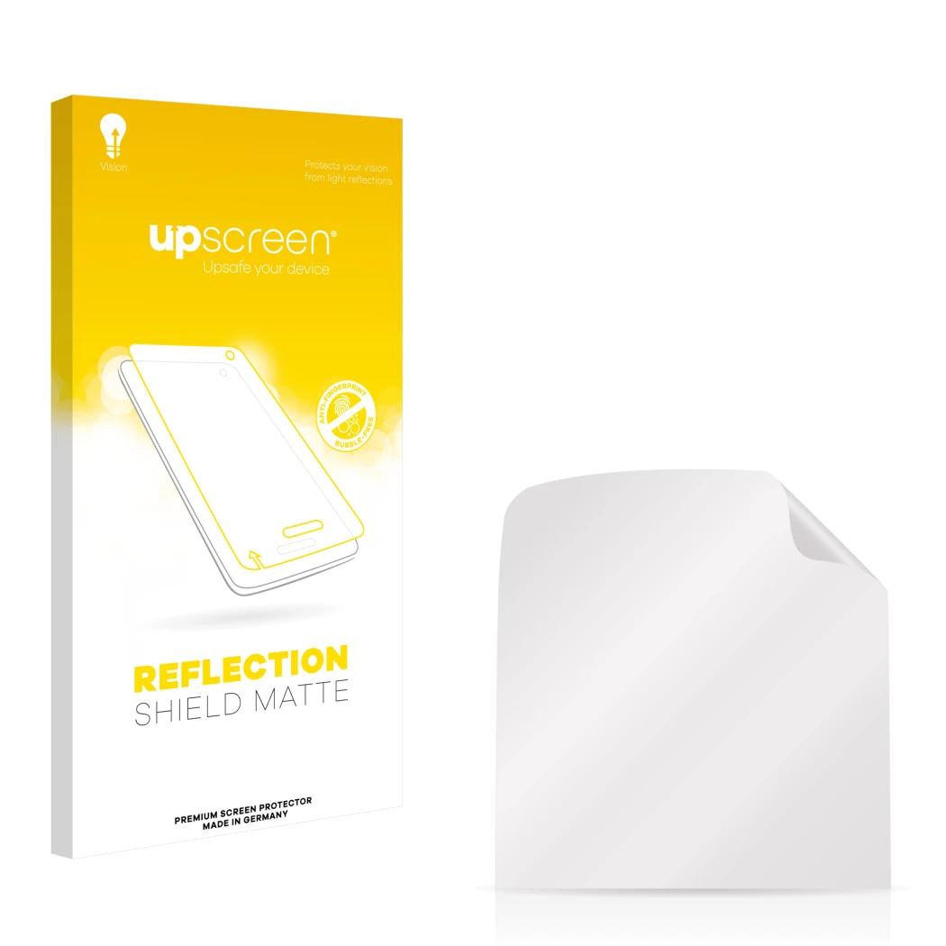 Parte frontal de un envase de producto con el logotipo de la marca upscreen. Al lado está el protector de pantalla correspondi