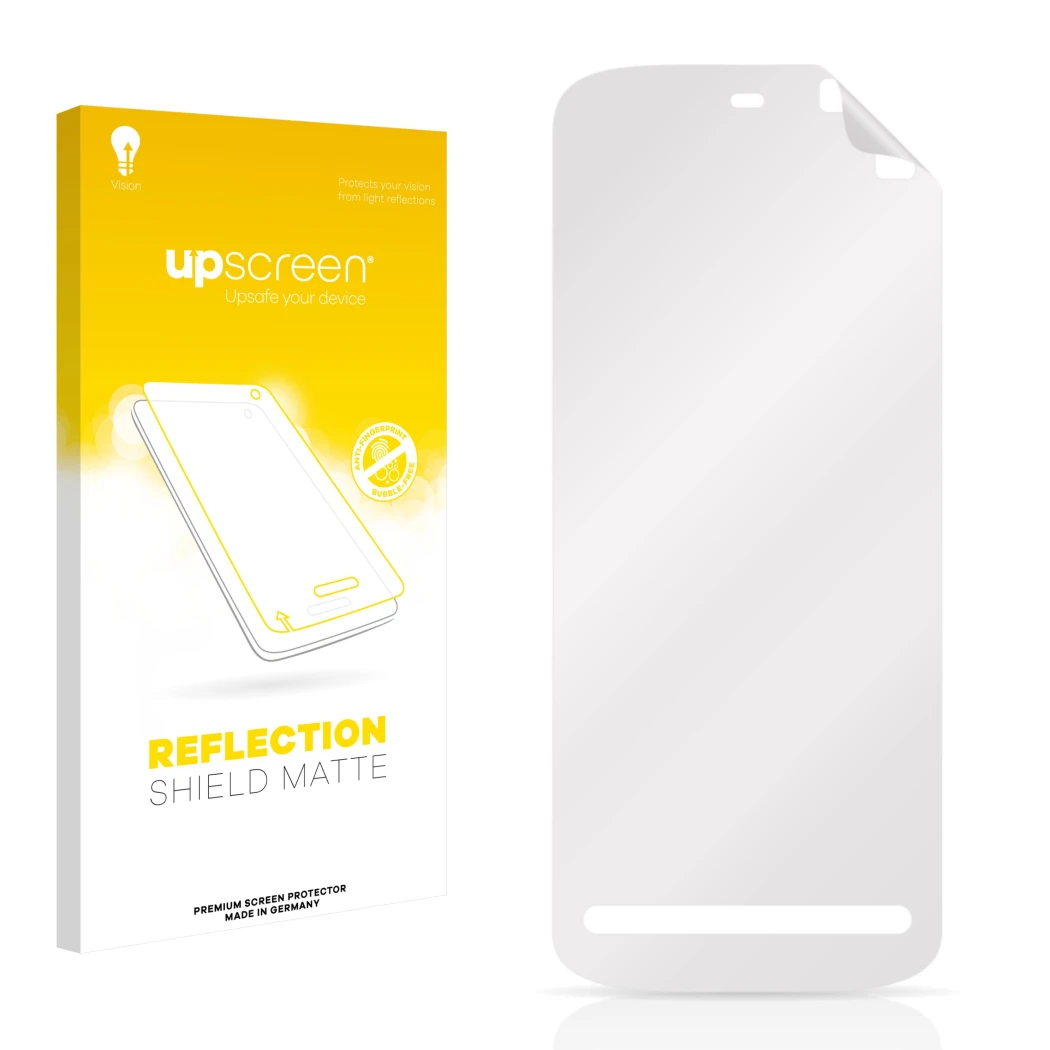 Parte frontal de un envase de producto con el logotipo de la marca upscreen. Al lado está el protector de pantalla correspondi