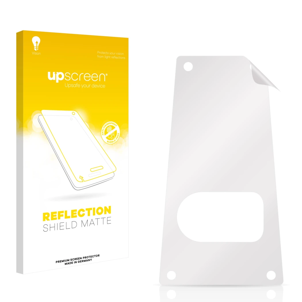 Parte frontal de un envase de producto con el logotipo de la marca upscreen. Al lado está el protector de pantalla correspondi