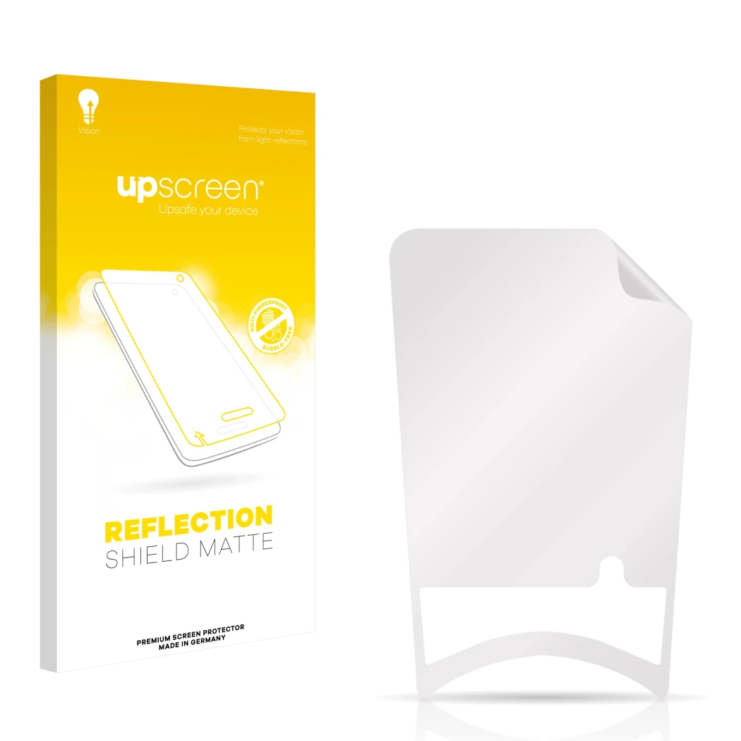 Parte frontal de un envase de producto con el logotipo de la marca upscreen. Al lado está el protector de pantalla correspondi