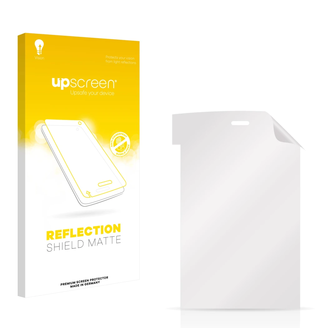 Parte frontal de un envase de producto con el logotipo de la marca upscreen. Al lado está el protector de pantalla correspondi