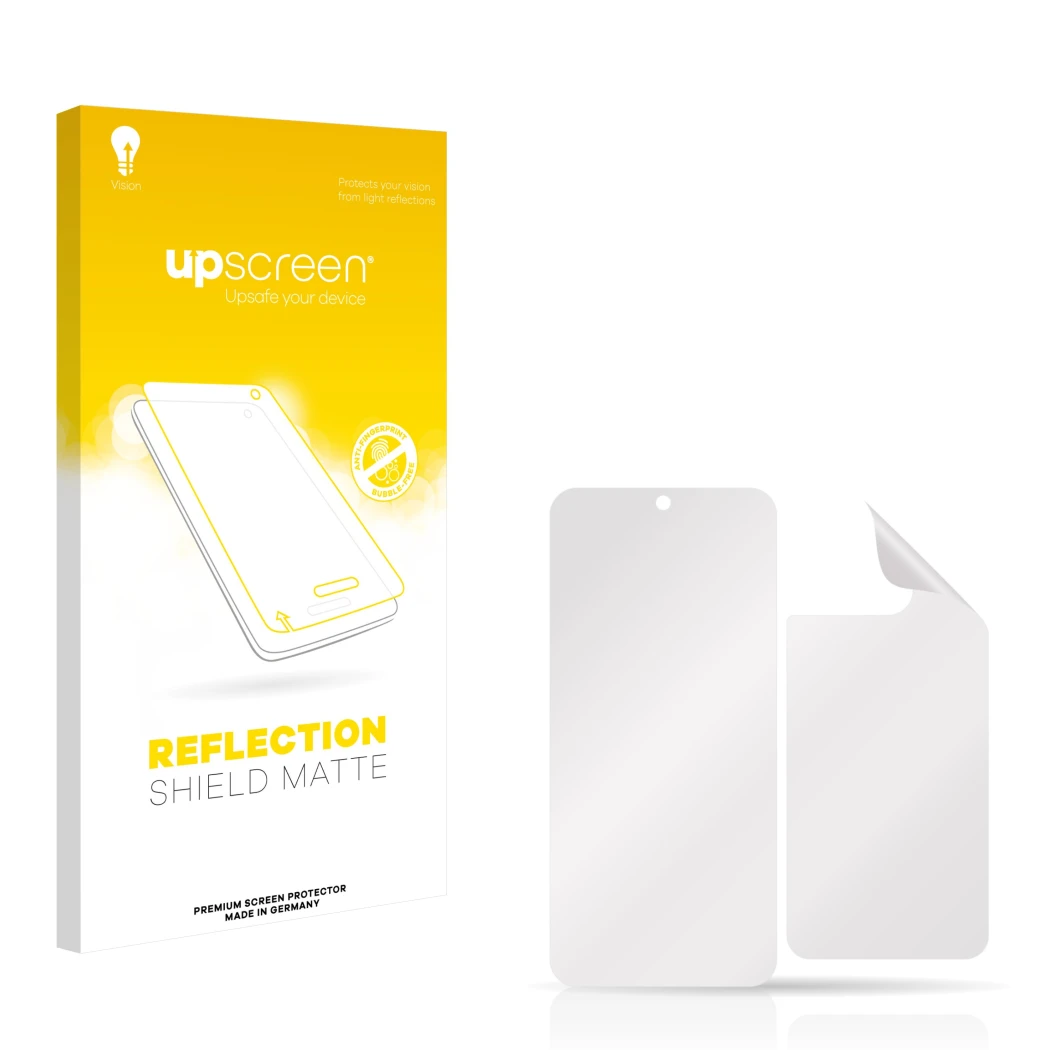 Parte frontal de un envase de producto con el logotipo de la marca upscreen. Al lado está el protector de pantalla correspondi
