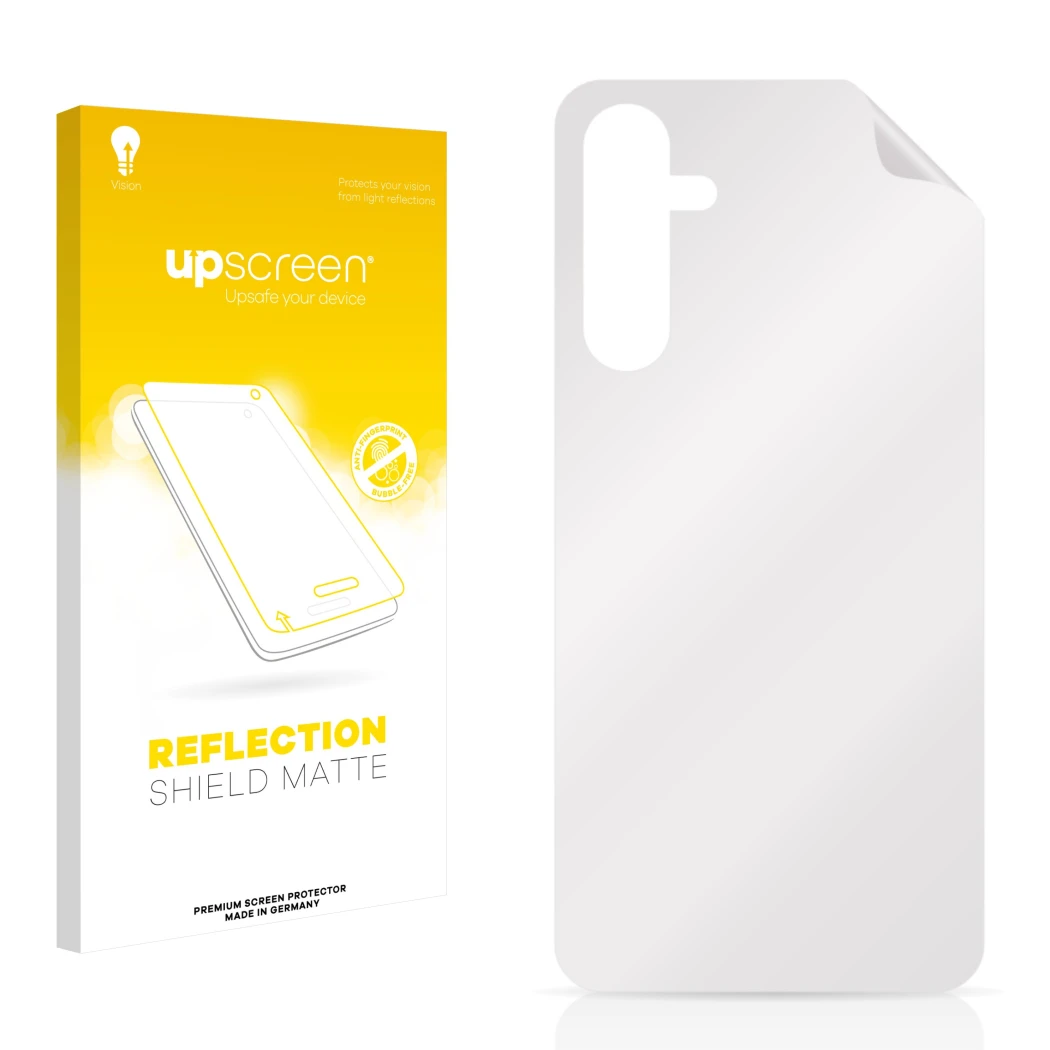 Parte frontal de un envase de producto con el logotipo de la marca upscreen. Al lado está el protector de pantalla correspondi