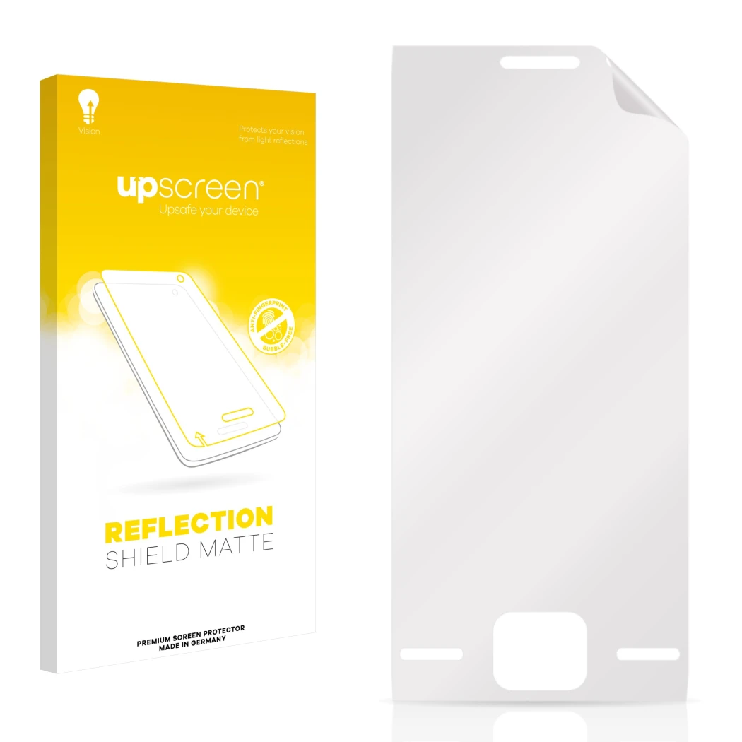Parte frontal de un envase de producto con el logotipo de la marca upscreen. Al lado está el protector de pantalla correspondi