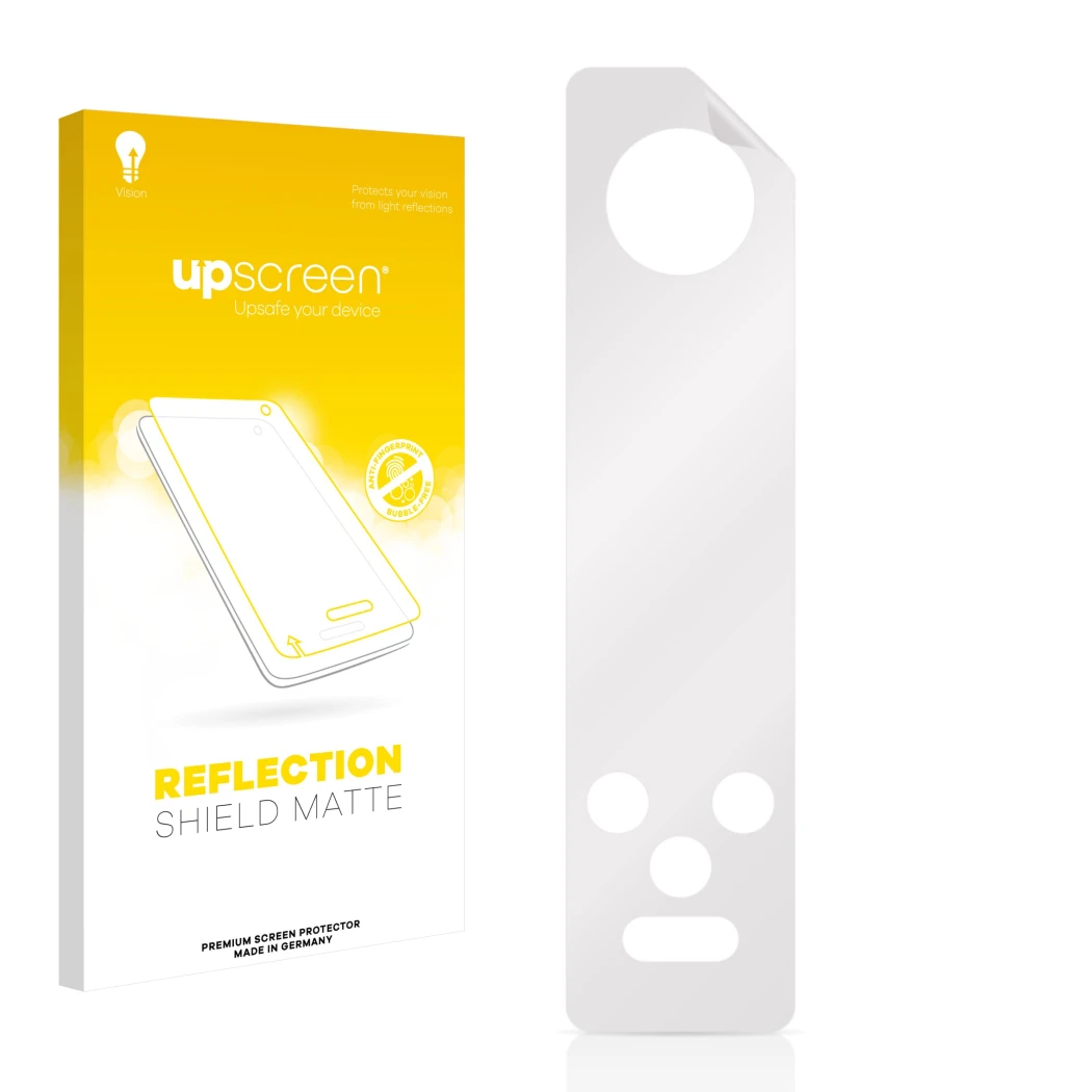Parte frontal de un envase de producto con el logotipo de la marca upscreen. Al lado está el protector de pantalla correspondi