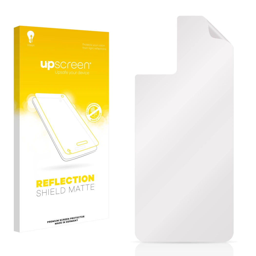 Parte frontal de un envase de producto con el logotipo de la marca upscreen. Al lado está el protector de pantalla correspondi