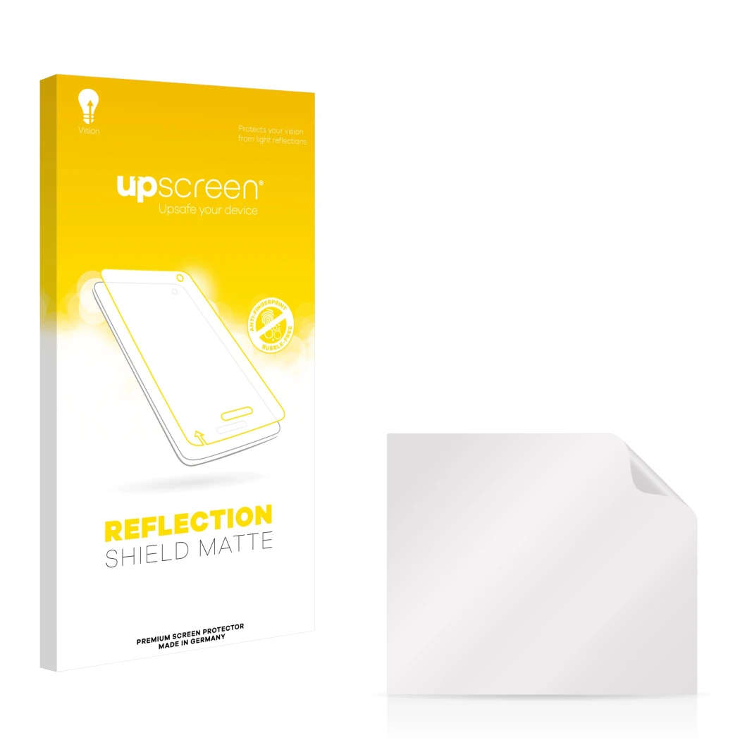 Parte frontal de un envase de producto con el logotipo de la marca upscreen. Al lado está el protector de pantalla correspondi