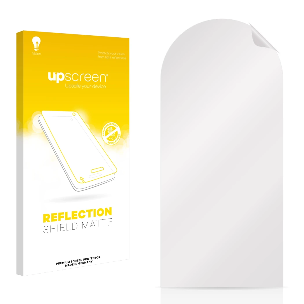 Parte frontal de un envase de producto con el logotipo de la marca upscreen. Al lado está el protector de pantalla correspondi