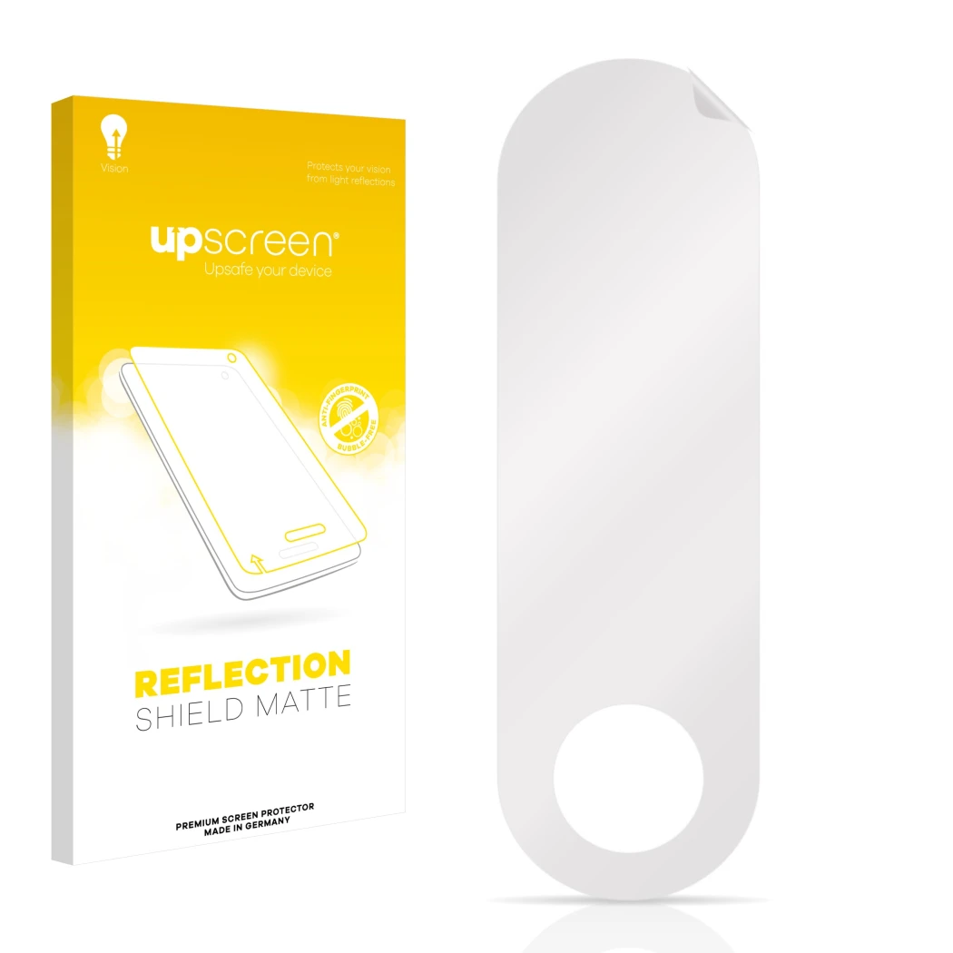 Parte frontal de un envase de producto con el logotipo de la marca upscreen. Al lado está el protector de pantalla correspondi