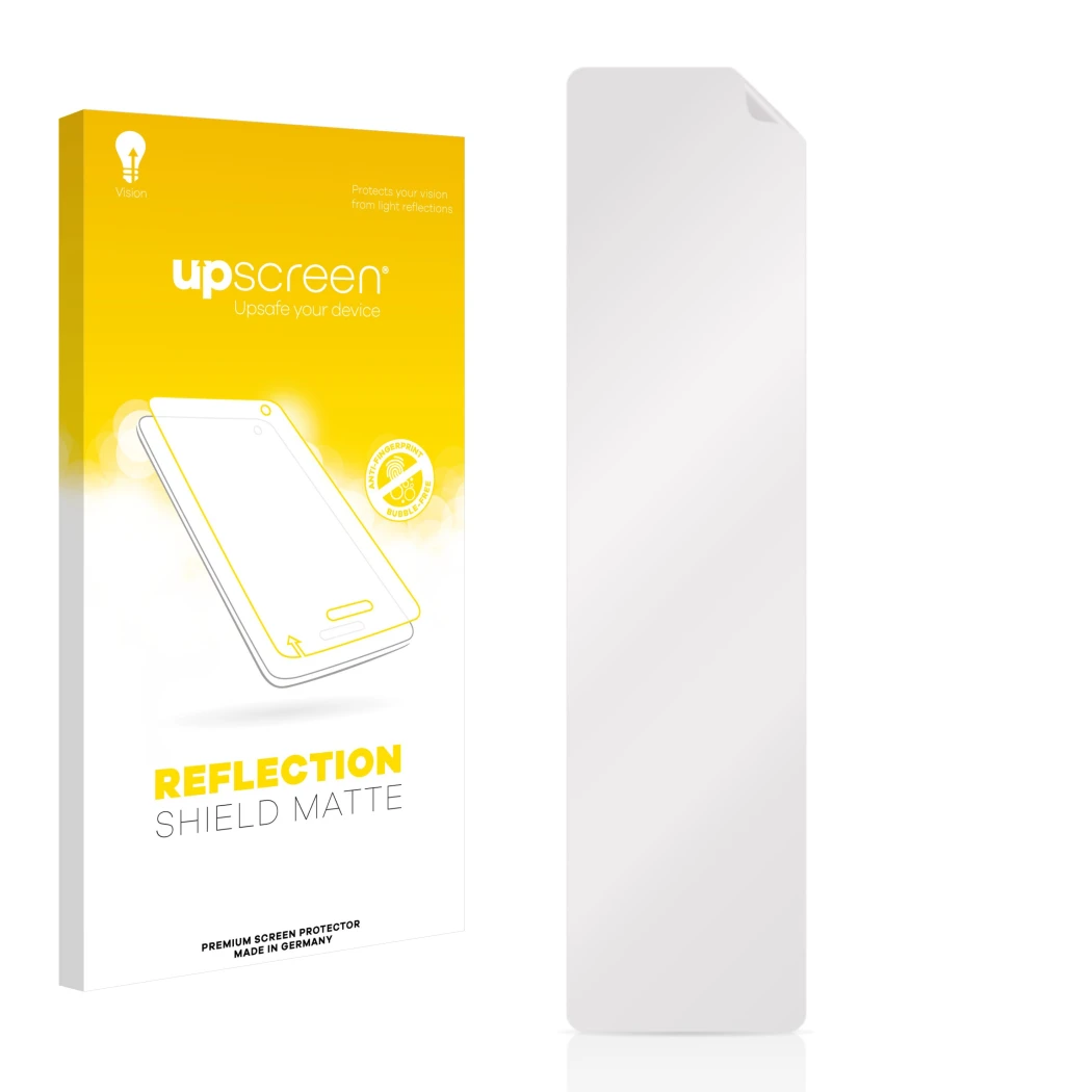 Parte frontal de un envase de producto con el logotipo de la marca upscreen. Al lado está el protector de pantalla correspondi