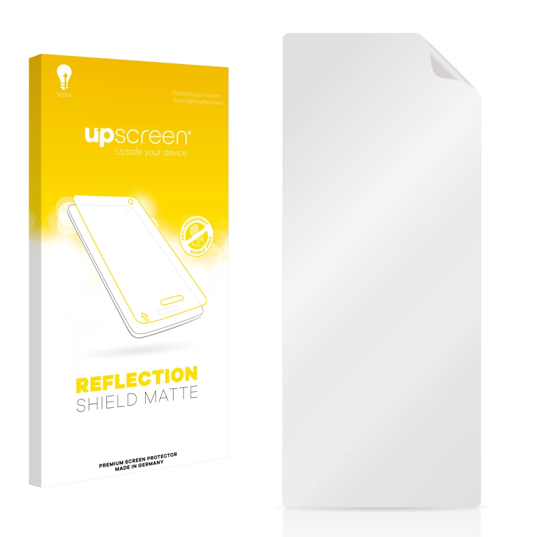Parte frontal de un envase de producto con el logotipo de la marca upscreen. Al lado está el protector de pantalla correspondi
