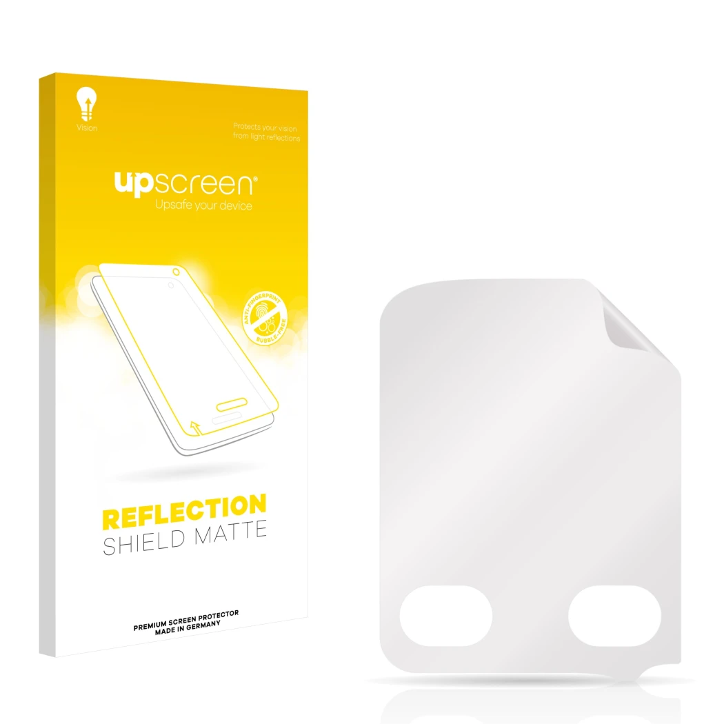 Parte frontal de un envase de producto con el logotipo de la marca upscreen. Al lado está el protector de pantalla correspondi