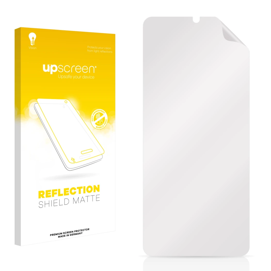 Parte frontal de un envase de producto con el logotipo de la marca upscreen. Al lado está el protector de pantalla correspondi