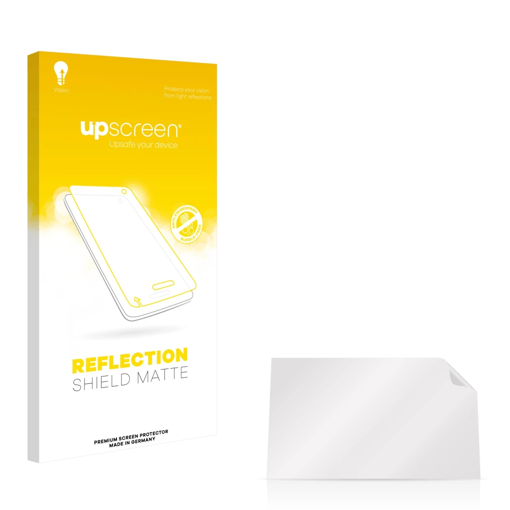 Parte frontal de un envase de producto con el logotipo de la marca upscreen. Al lado está el protector de pantalla correspondi