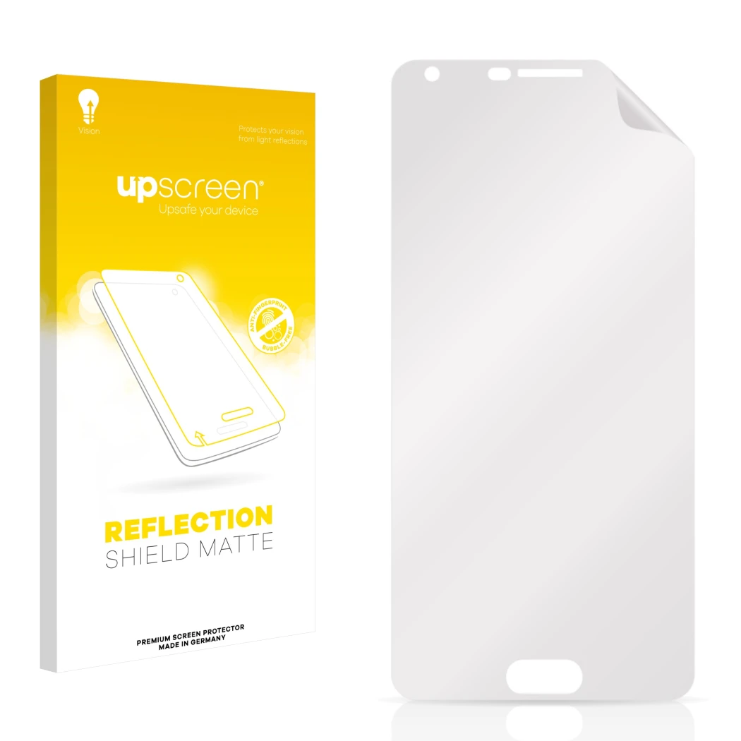 Parte frontal de un envase de producto con el logotipo de la marca upscreen. Al lado está el protector de pantalla correspondi