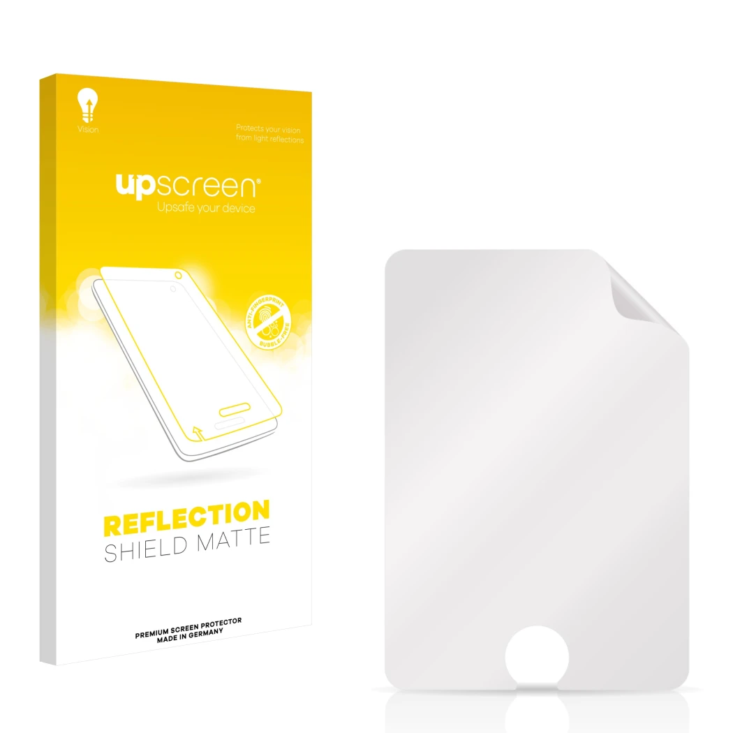 Parte frontal de un envase de producto con el logotipo de la marca upscreen. Al lado está el protector de pantalla correspondi