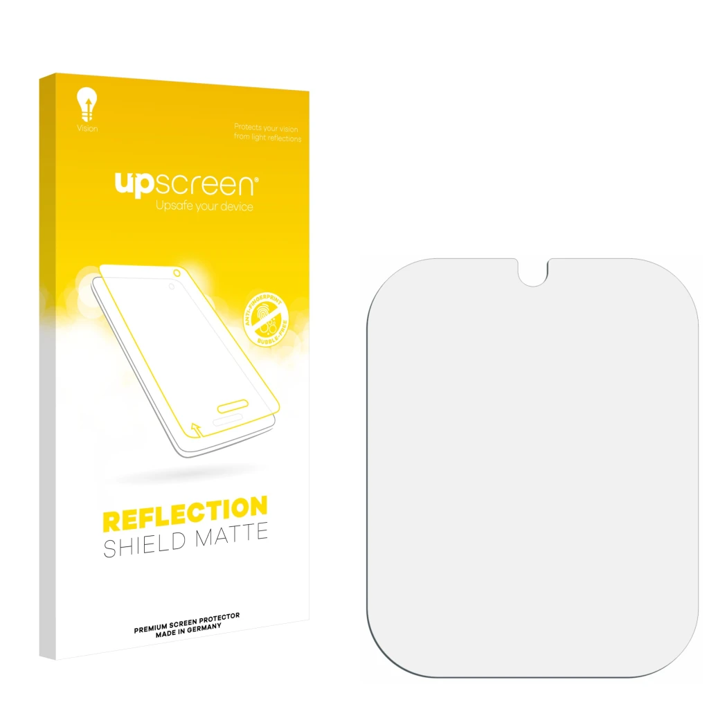 Parte frontal de un envase de producto con el logotipo de la marca upscreen. Al lado está el protector de pantalla correspondi