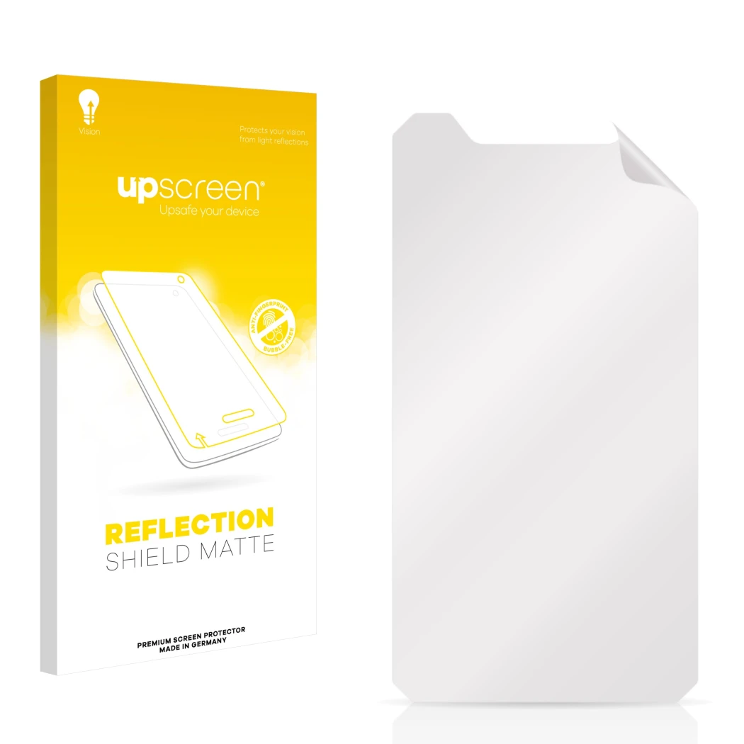 Parte frontal de un envase de producto con el logotipo de la marca upscreen. Al lado está el protector de pantalla correspondi