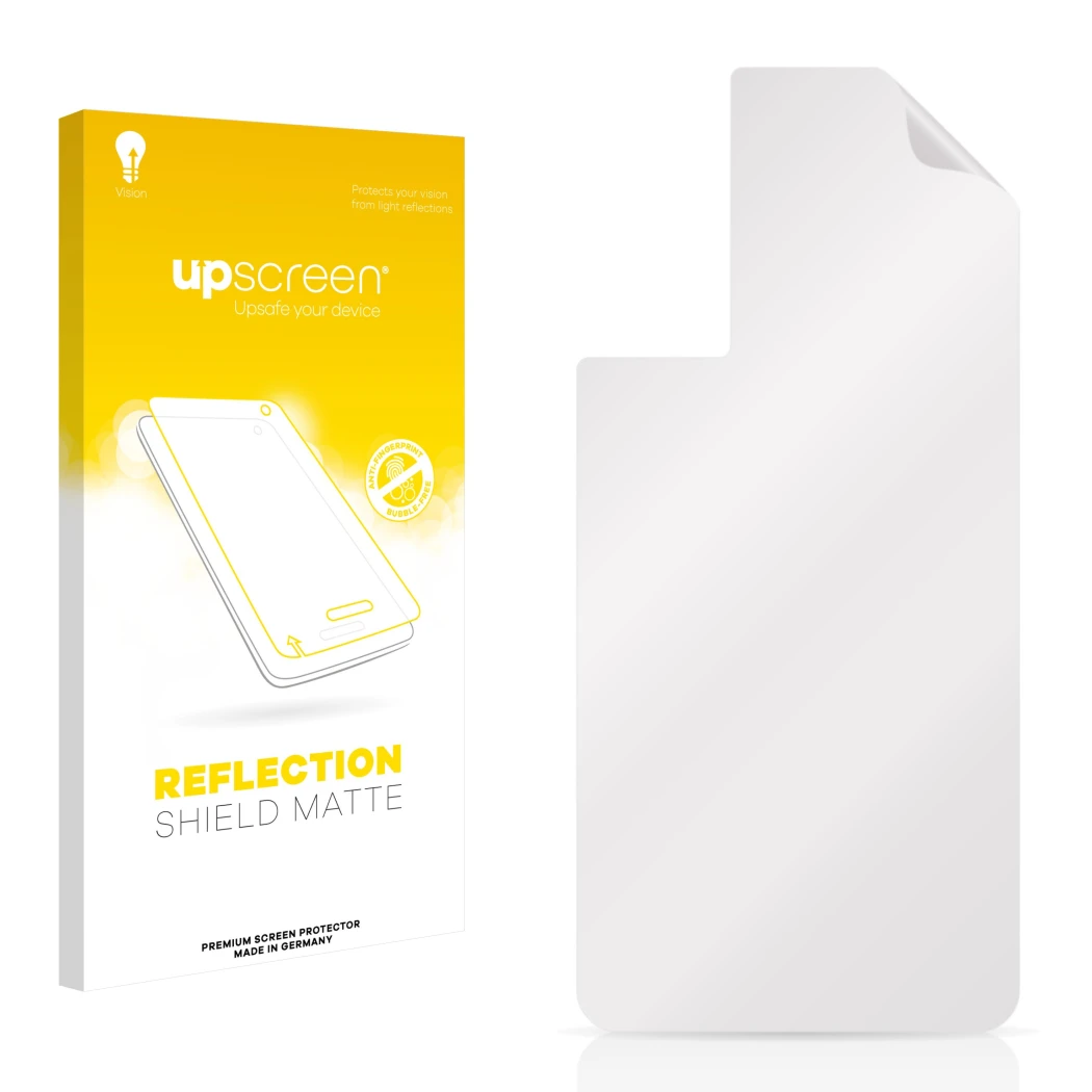 Parte frontal de un envase de producto con el logotipo de la marca upscreen. Al lado está el protector de pantalla correspondi