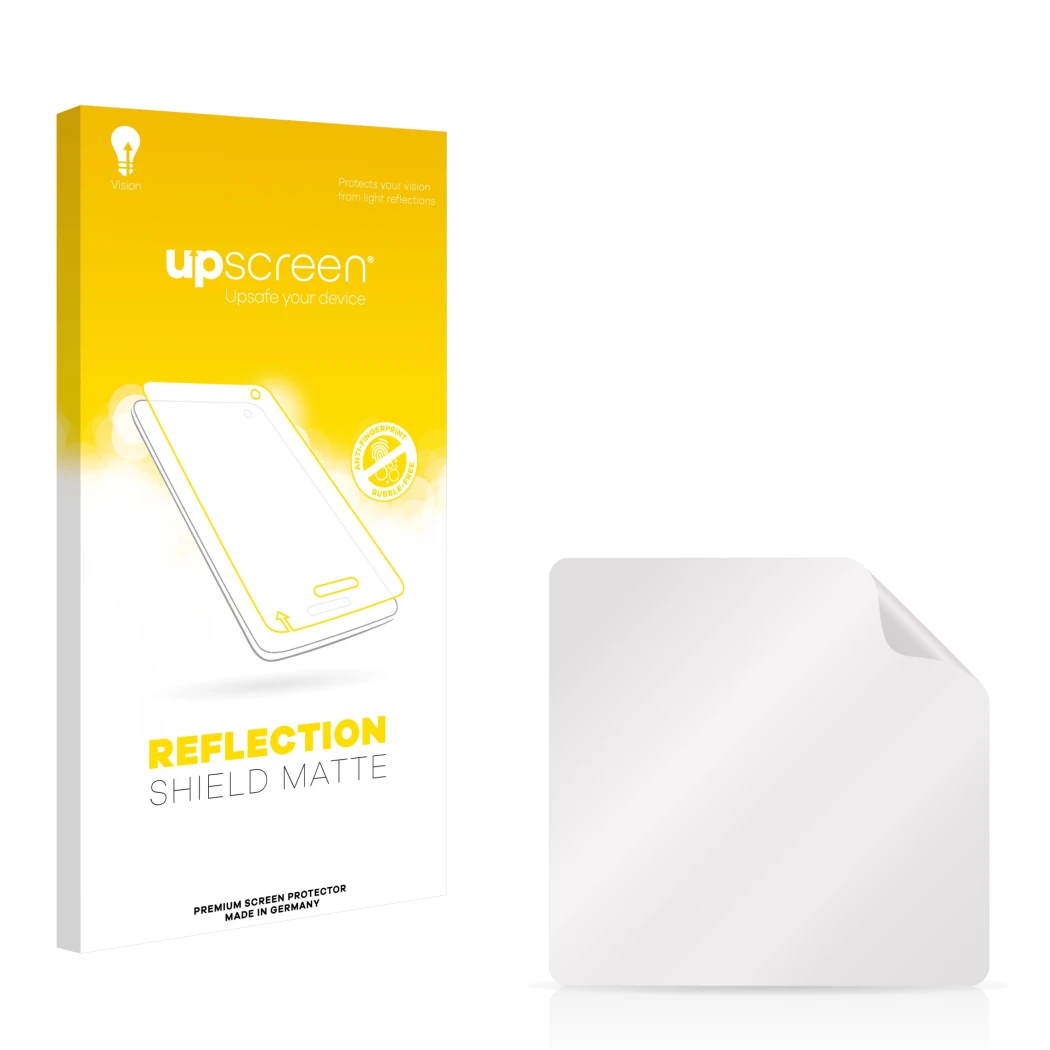 Parte frontal de un envase de producto con el logotipo de la marca upscreen. Al lado está el protector de pantalla correspondi