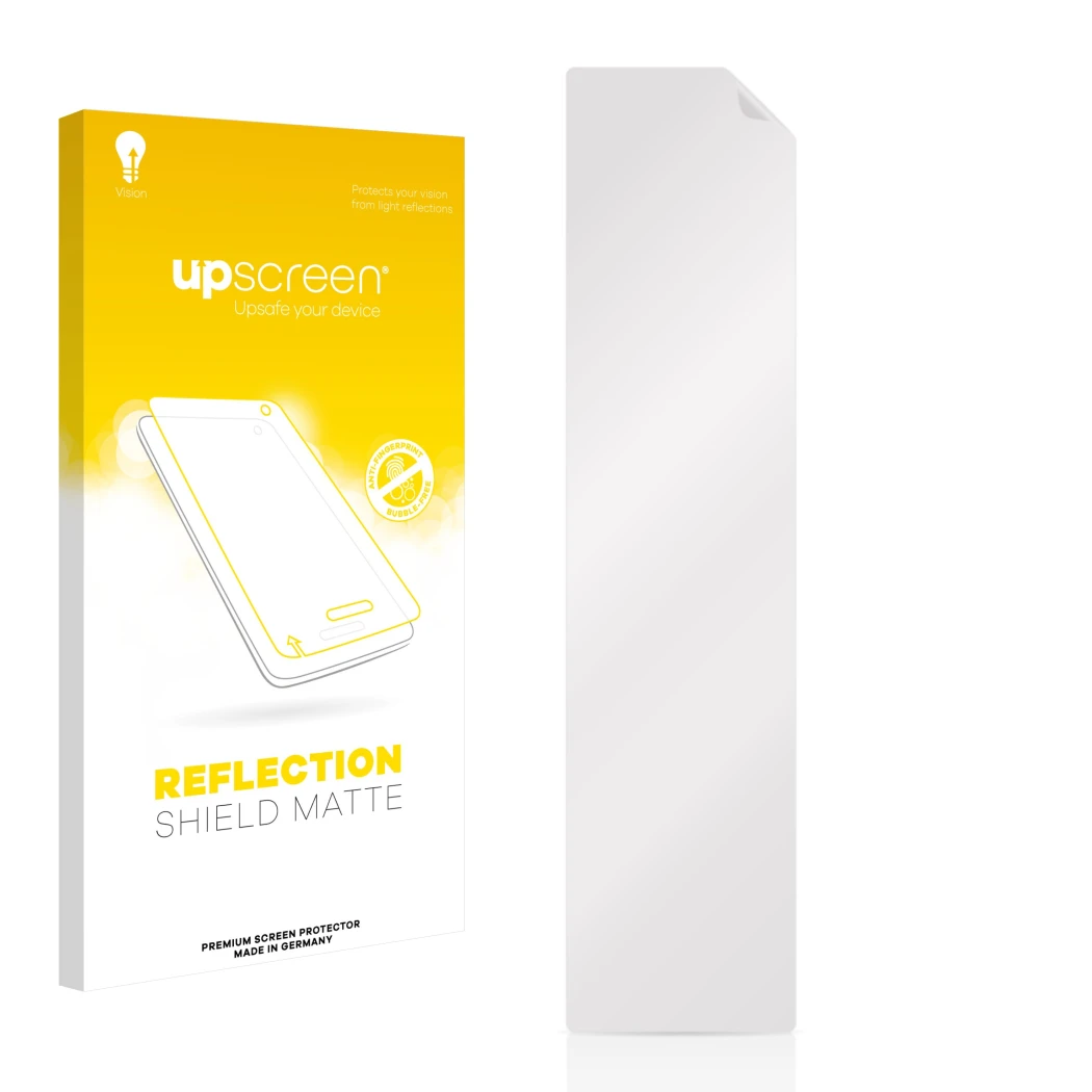Parte frontal de un envase de producto con el logotipo de la marca upscreen. Al lado está el protector de pantalla correspondi