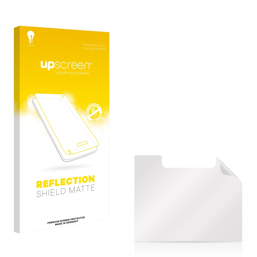 Parte frontal de un envase de producto con el logotipo de la marca upscreen. Al lado está el protector de pantalla correspondi