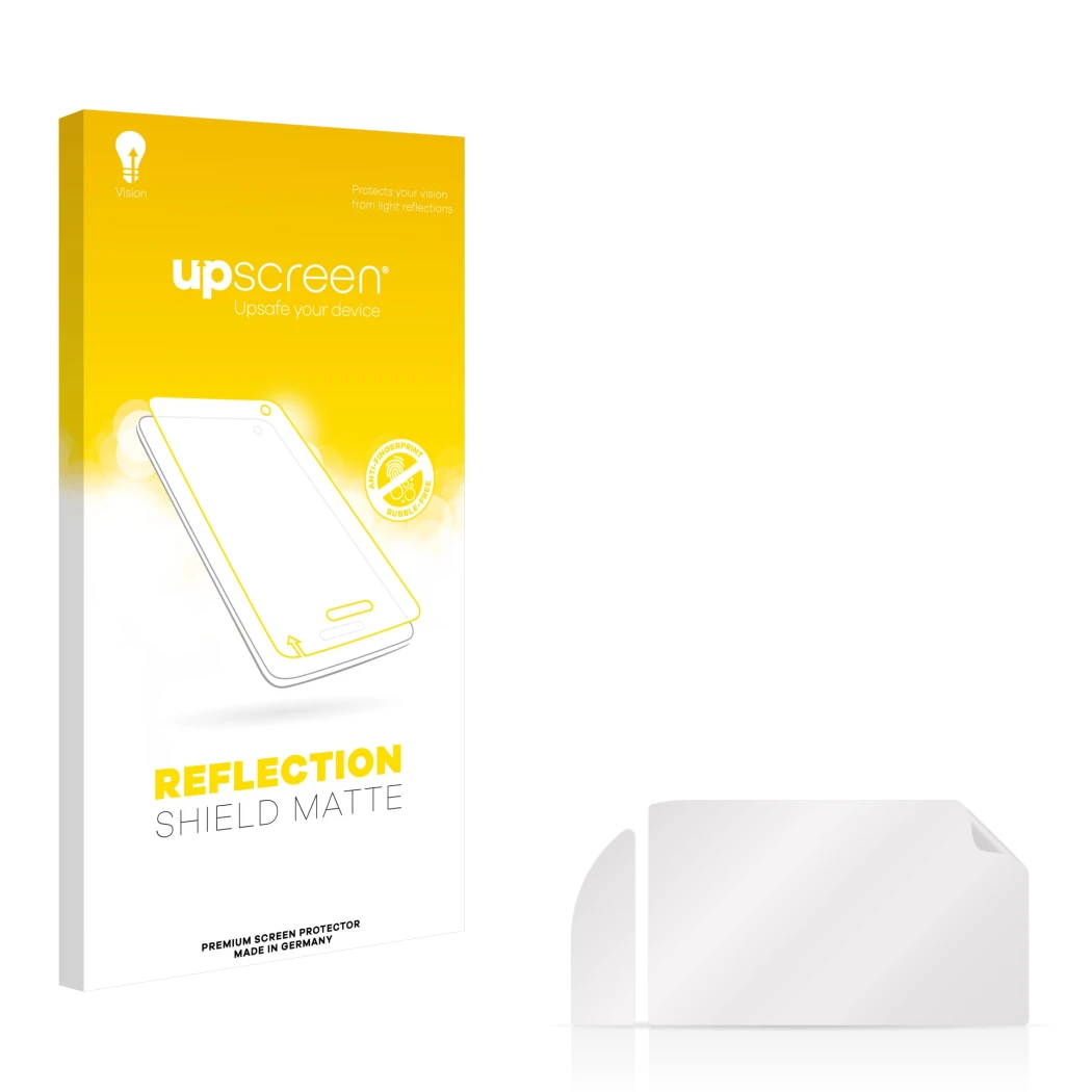 Parte frontal de un envase de producto con el logotipo de la marca upscreen. Al lado está el protector de pantalla correspondi