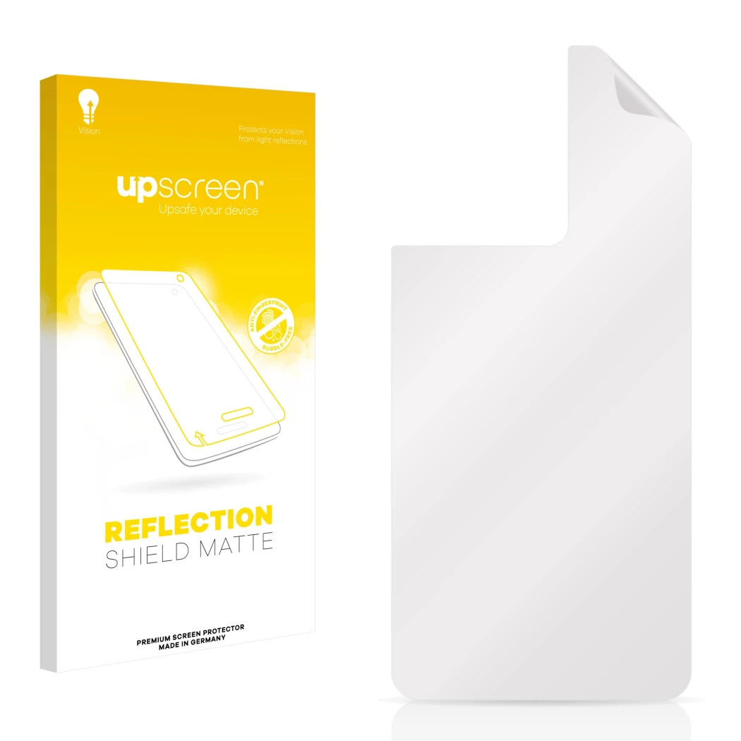 Parte frontal de un envase de producto con el logotipo de la marca upscreen. Al lado está el protector de pantalla correspondi