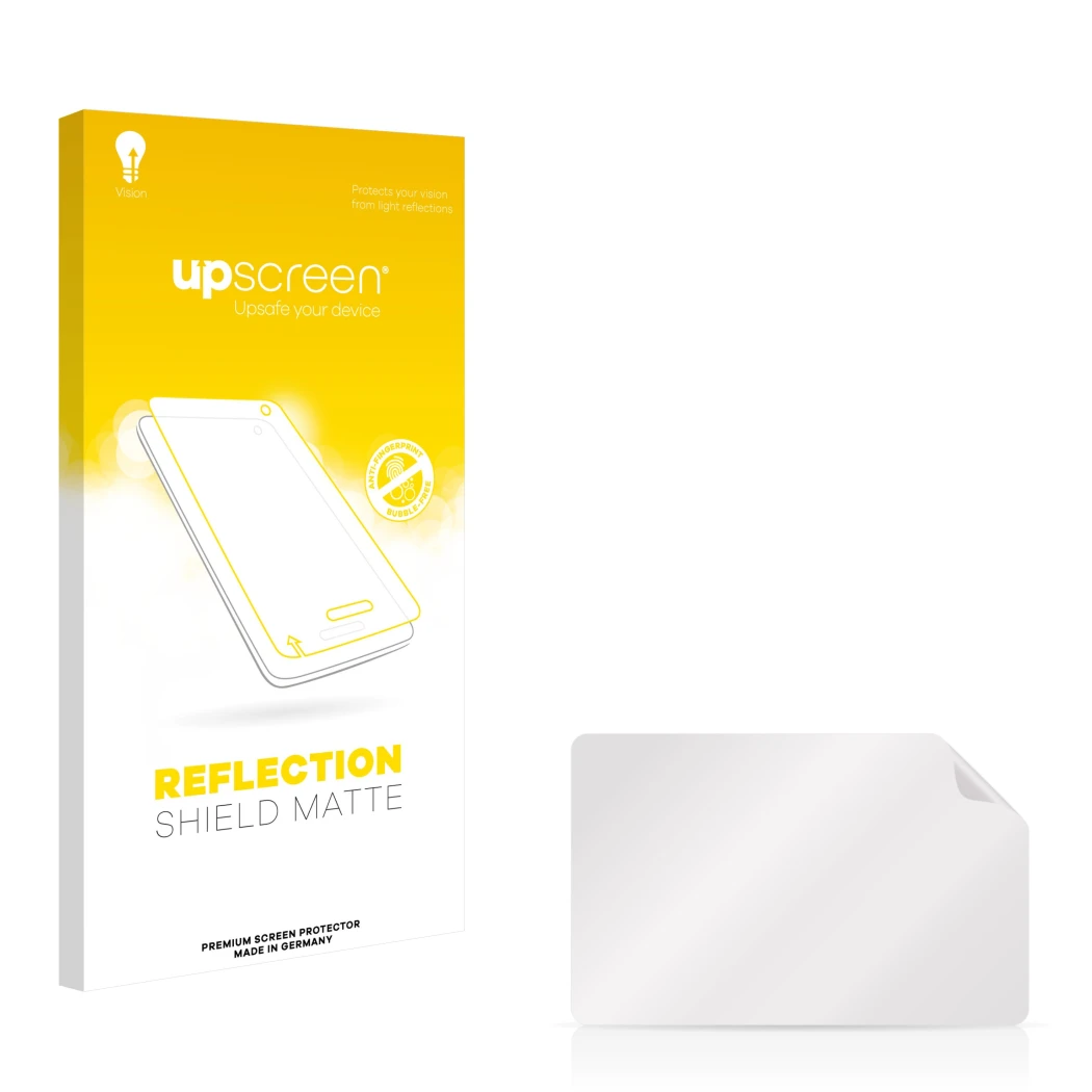 Parte frontal de un envase de producto con el logotipo de la marca upscreen. Al lado está el protector de pantalla correspondi