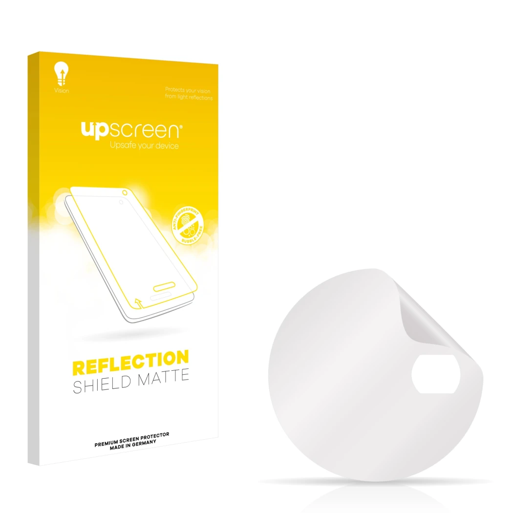 Parte frontal de un envase de producto con el logotipo de la marca upscreen. Al lado está el protector de pantalla correspondi