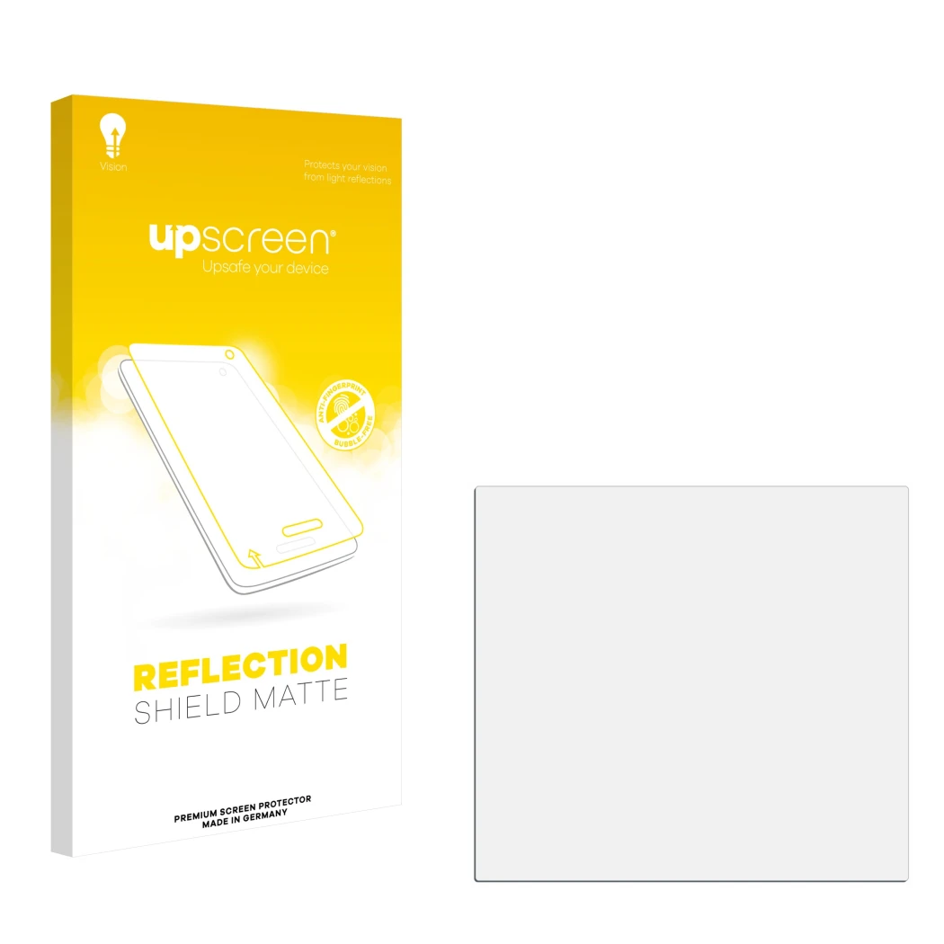 Parte frontal de un envase de producto con el logotipo de la marca upscreen. Al lado está el protector de pantalla correspondi
