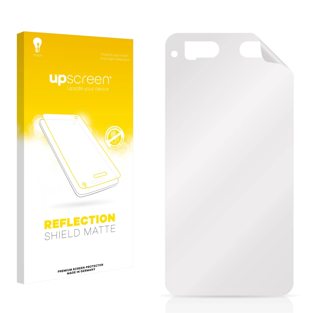 Parte frontal de un envase de producto con el logotipo de la marca upscreen. Al lado está el protector de pantalla correspondi