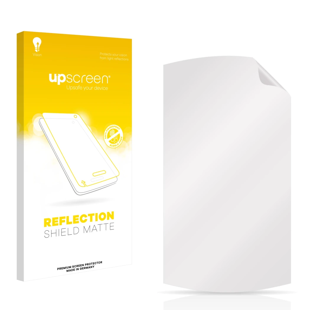 Parte frontal de un envase de producto con el logotipo de la marca upscreen. Al lado está el protector de pantalla correspondi