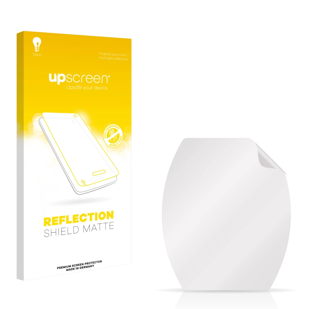 Parte frontal de un envase de producto con el logotipo de la marca upscreen. Al lado está el protector de pantalla correspondi
