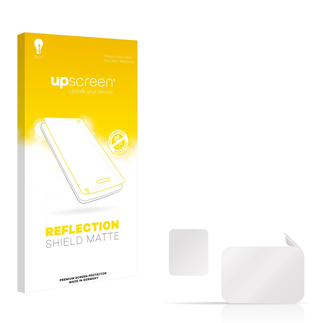 Parte frontal de un envase de producto con el logotipo de la marca upscreen. Al lado está el protector de pantalla correspondi