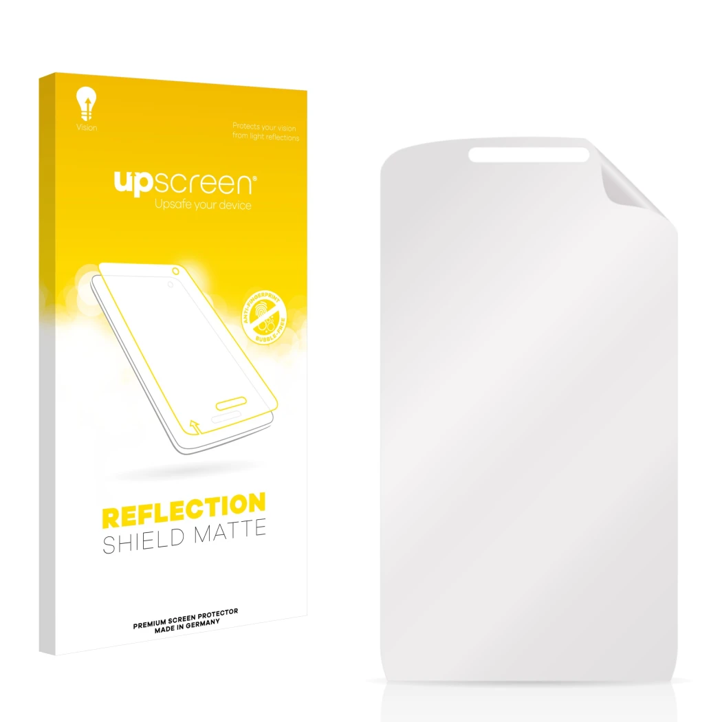Parte frontal de un envase de producto con el logotipo de la marca upscreen. Al lado está el protector de pantalla correspondi