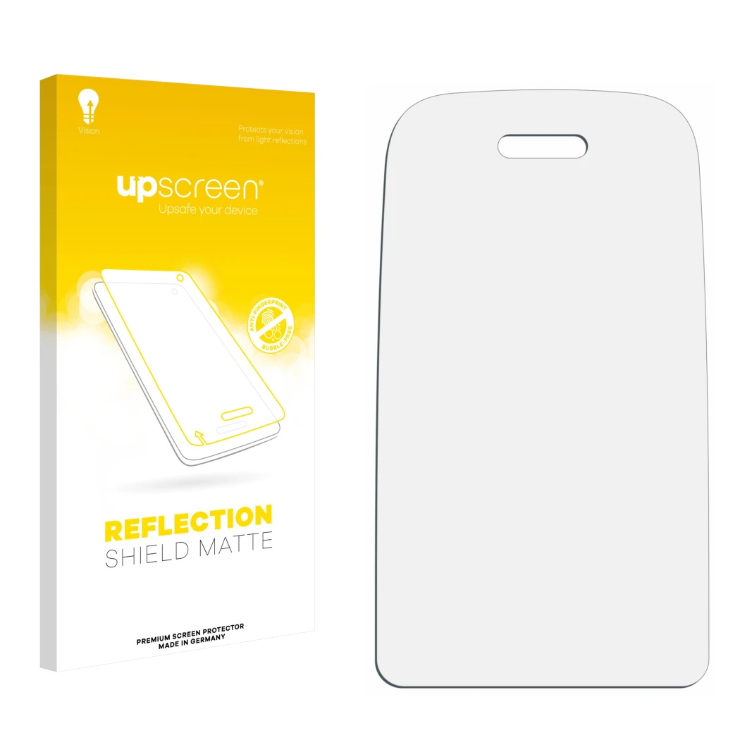Parte frontal de un envase de producto con el logotipo de la marca upscreen. Al lado está el protector de pantalla correspondi