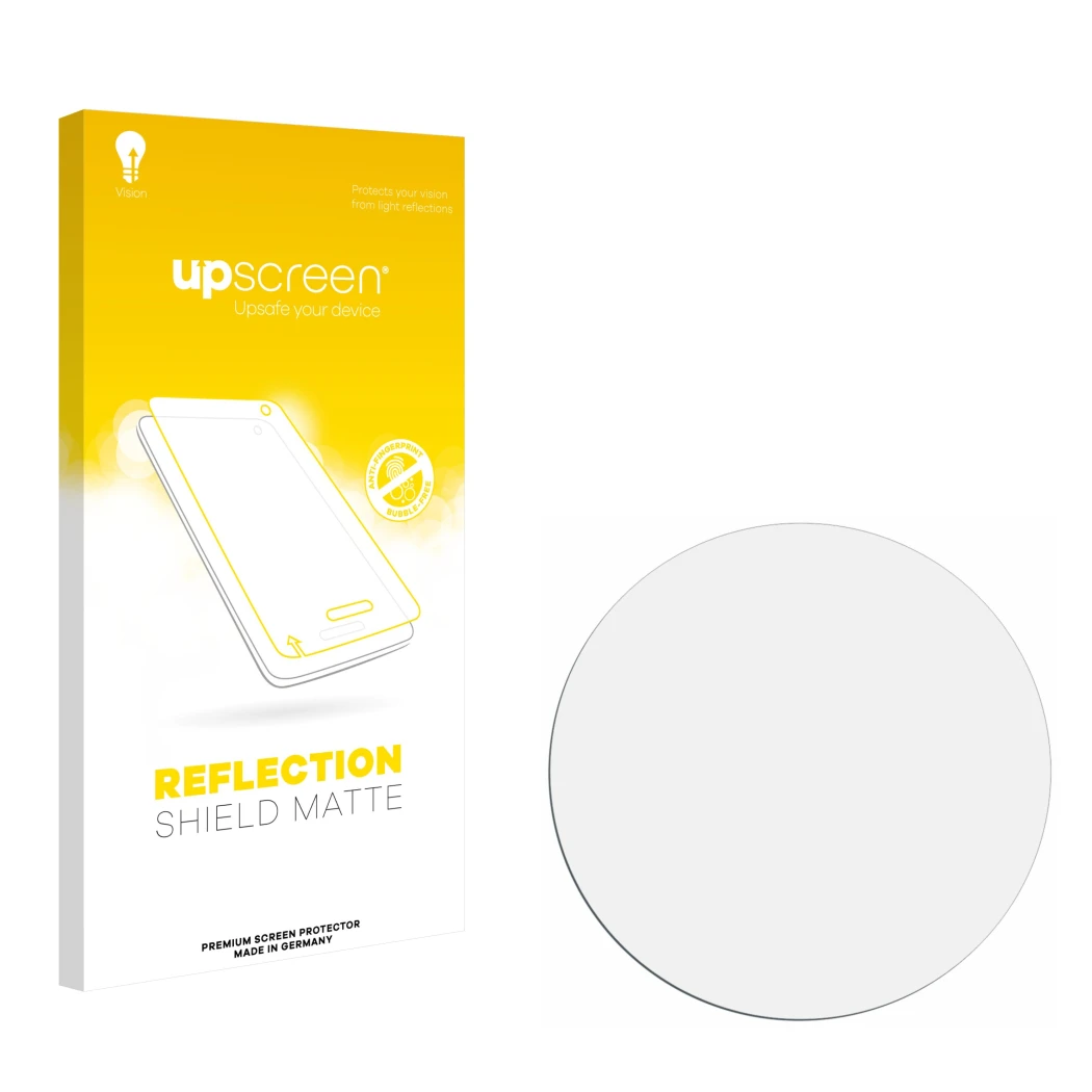 Parte frontal de un envase de producto con el logotipo de la marca upscreen. Al lado está el protector de pantalla correspondi